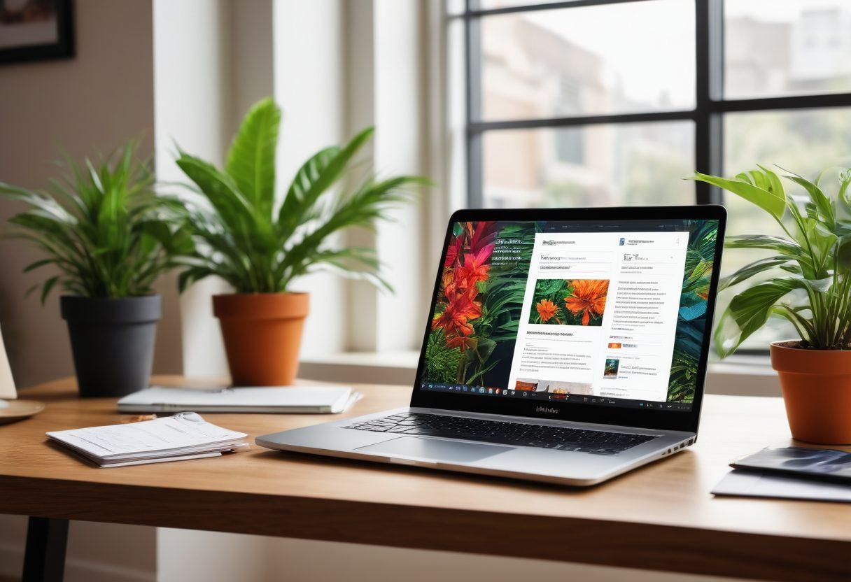 An eye-catching digital workspace depicting a vibrant blog design process. Showcase a stylish laptop with an alluring website layout on the screen, surrounded by colorful design elements like typography samples, graphics, and a digital publishing checklist. Incorporate a lush indoor plant in the background for a fresh vibe. Capture a sense of creativity and organization. vibrant colors. 3D.