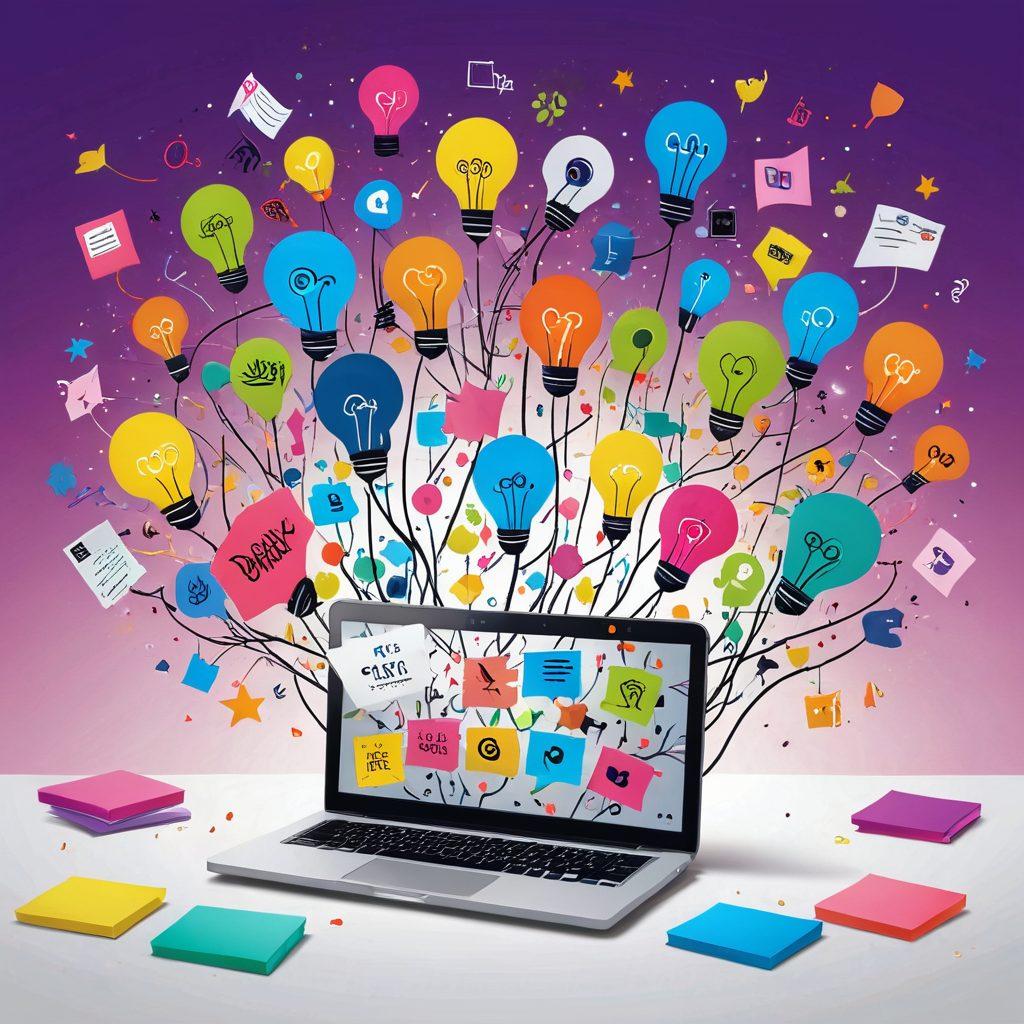 A whimsical and inviting illustration of a locked diary symbolizing secrets, surrounded by vibrant lightbulbs representing ideas. Include a diverse group of content creators brainstorming together, with laptops and vibrant sticky notes around them. The background should have hints of a digital world with social media icons. The overall vibe should feel inspirational and creative. colorful vector art. bright colors. white background.